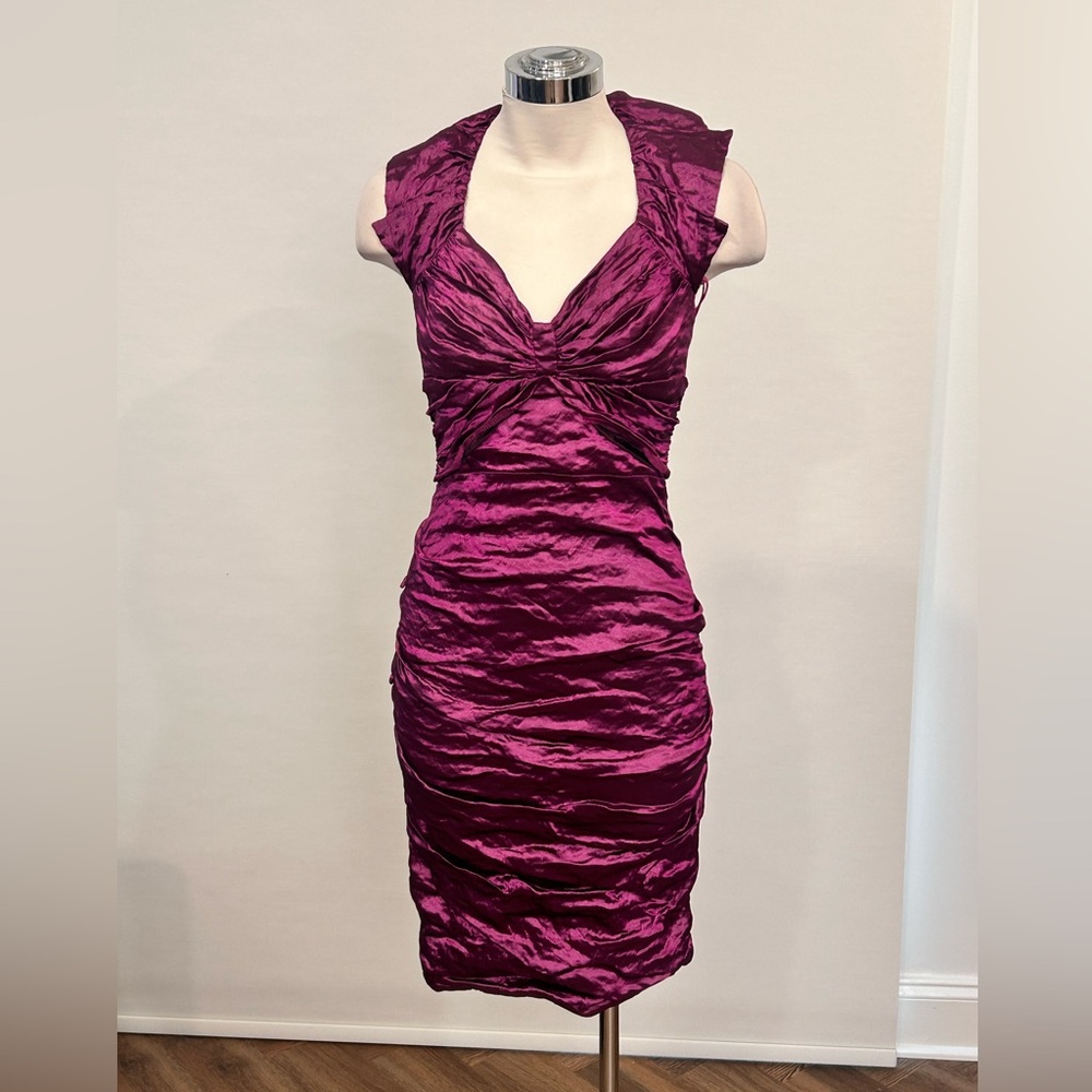 NICOLE MILLER MAGENTA RUCHED METALLIC DRESS BT0239 Retail $430 Sz 4